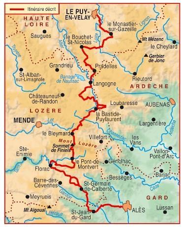 Bedevaartkaart - Chemin de Stevenson - le Puy à Alés - IGN