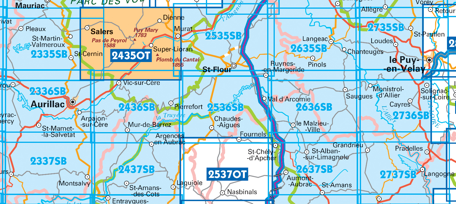 IGN TOP25 Wandelkaarten Cantal en Auvergne Zuid