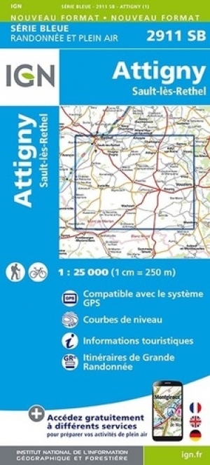 Wandelkaart 2911 SB Attigny & Sault-Lès-Rethel - IGN