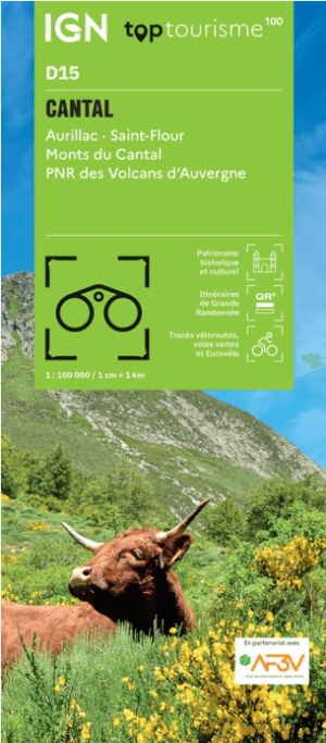 Wandelkaart Fietskaart TOP100 D15 Cantal, Aurillac, St Flour - IGN