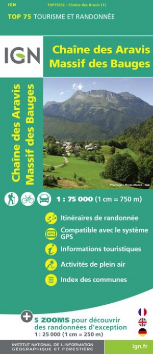 Wandelkaart TOP75 032 Chaîne d'ravis - Massif des Bauges - IGN