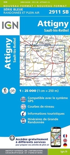 Wandelkaart 2911 SB Attigny & Sault-Lès-Rethel - IGN