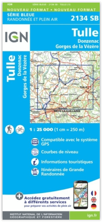 Wandelkaart 2134 SB Tulle- Donzenac & Gorges de la Vézère - IGN