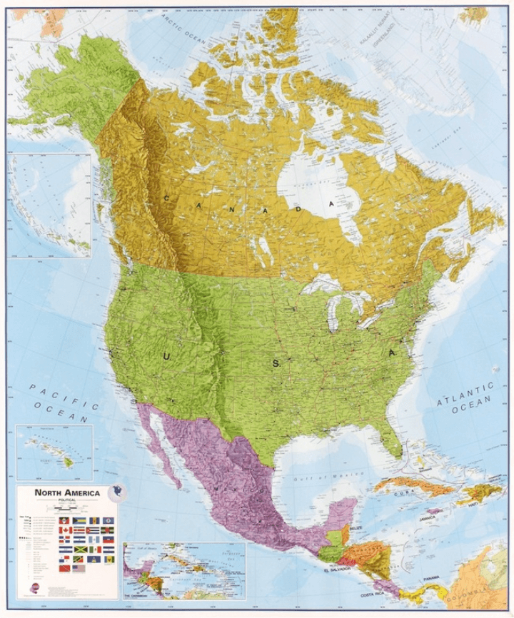 Plano politieke Wandkaart Amerika Noord 100 x 120 - Lovell Johns