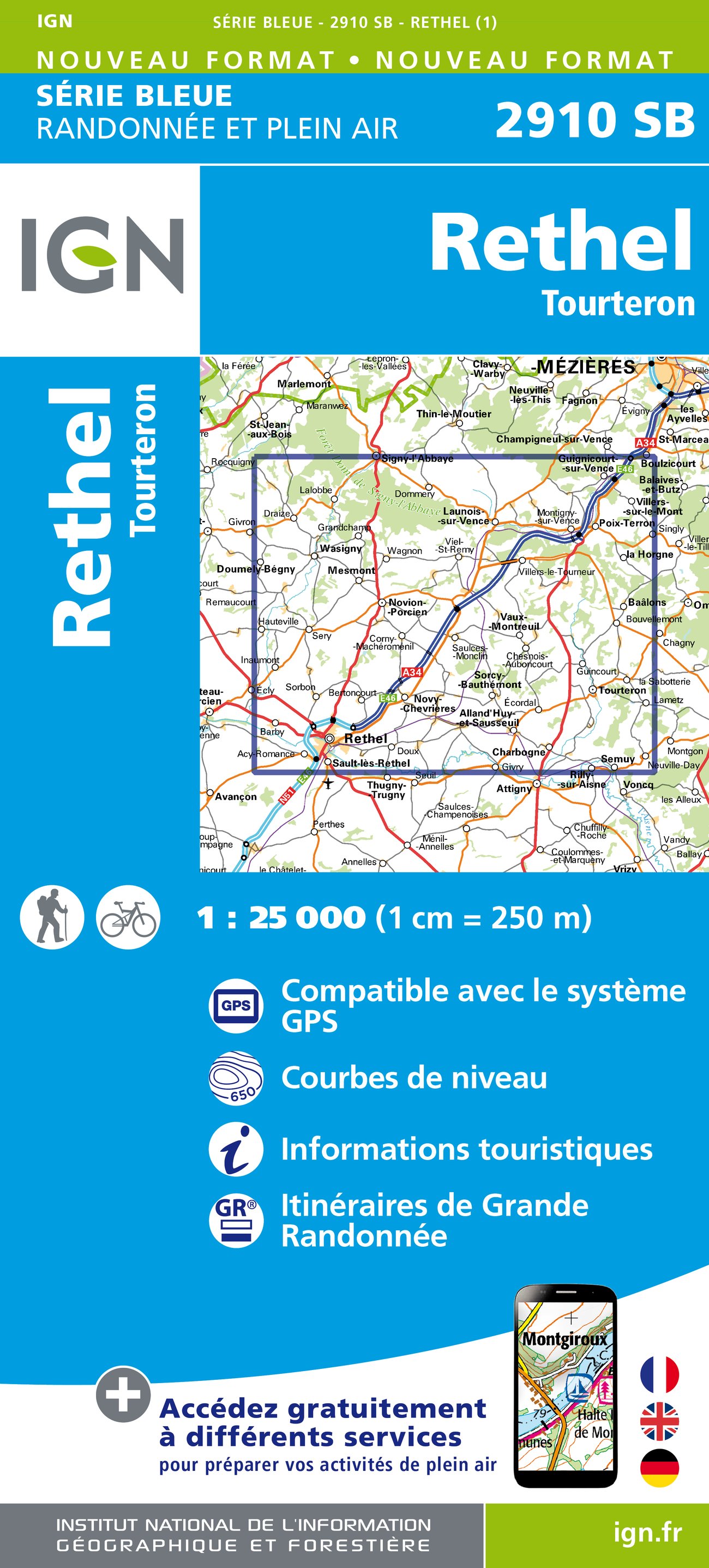 Wandelkaart 2910 SB Rethel & Tourteron - IGN