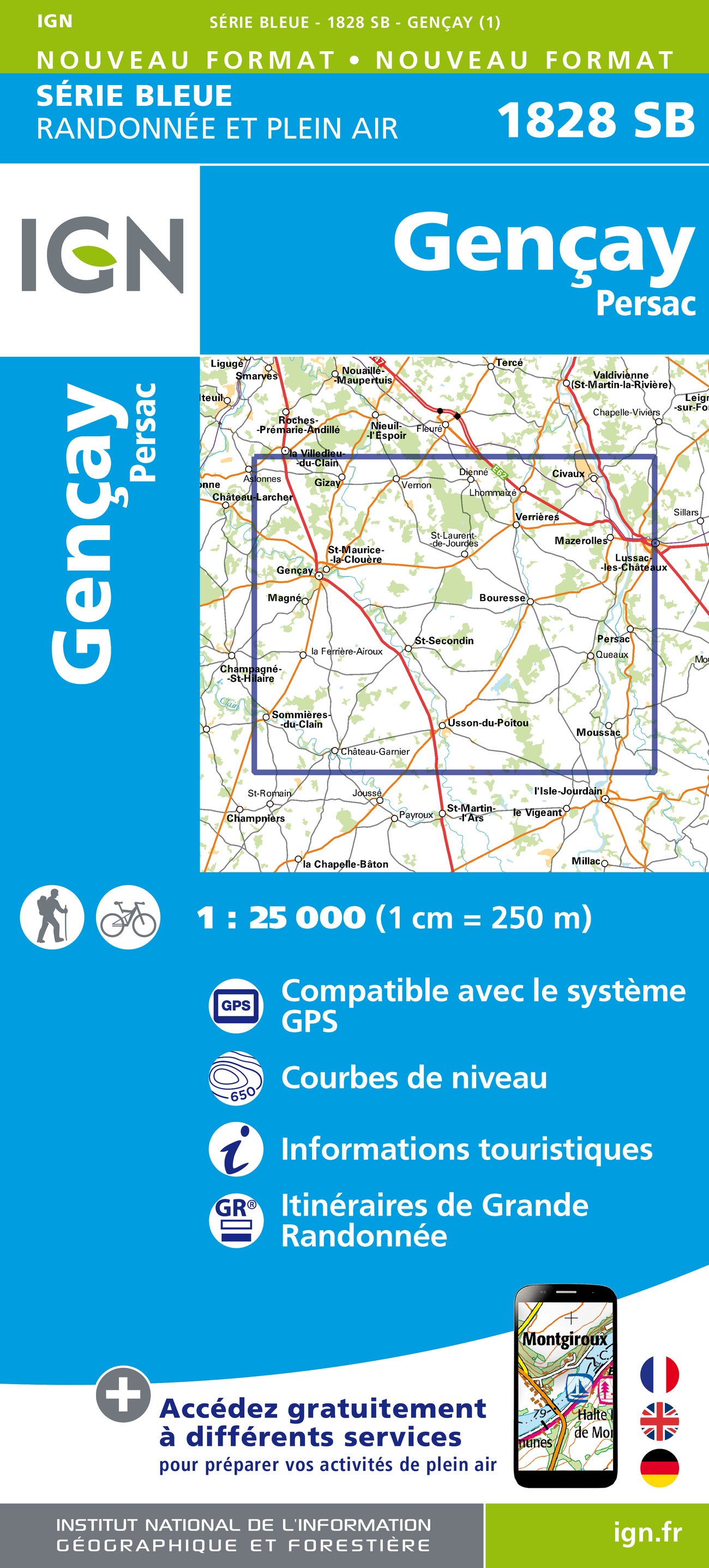 Wandelkaart 1828 SB Gençay & Persac- Poitou Charentes - IGN